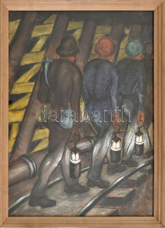 Kohán jelzéssel: Bányászok. Vegyes technika, papír. Üvegezett fakeretben, 49x35 cm