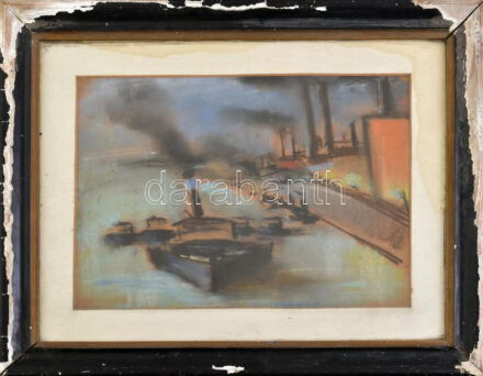 Wittich Eperjesi (Eperjessy) Zoltán (1909-1945 körül?): 'Vontató gőzös a Margithíd alatt', 1934. Pasztell, papír. Jelzett és autográf ajándékozási sorokkal a hátoldalán. Üvegezett, sérült fakeretben, 30x39 cm