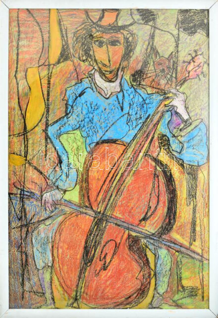 Jelzés nélkül: Zenész macskával. Vegyes technika, farost. Üvegezett fakeretben, 98x67 cm. KIZÁRÓLAG SZEMÉLYES ÁTVÉTEL, NEM POSTÁZZUK! / ONLY PERSONAL COLLECTION AT OUR OFFICE!