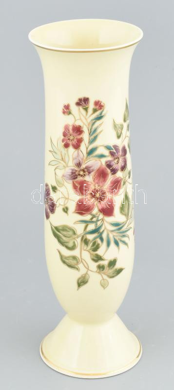Zsolnay virágmintás porcelán váza, kézzel festett, jelzett, hibátlan, m: 27 cm