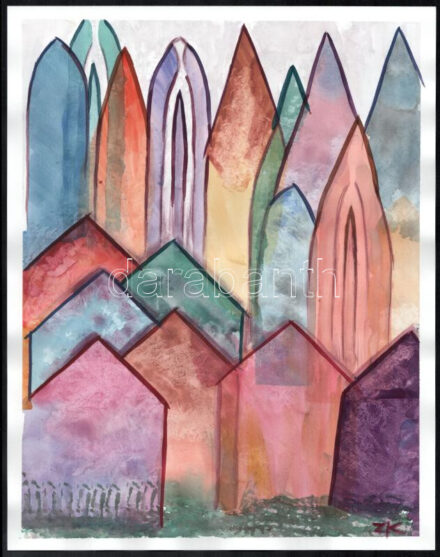 Zólyomi Katalin (?-): Színes házak. Akvarell, papír, jelzett, 35,5x28 cm