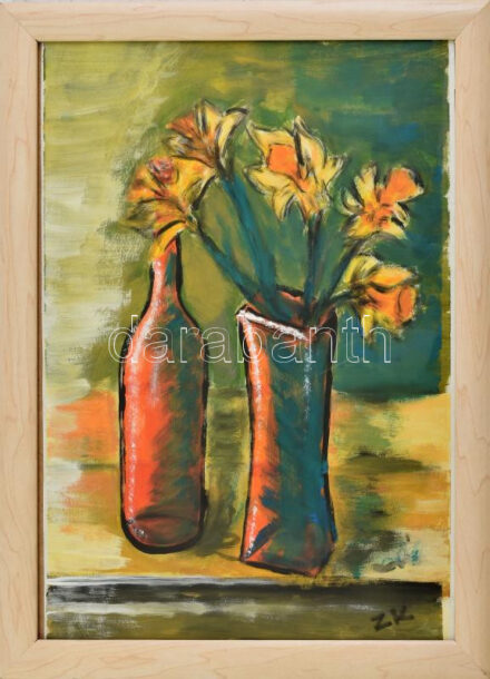 Zólyomi Katalin (?-): Csendélet. Vegyes technika, papír, jelzett, üvegezett fakeretben, 40x30 cm