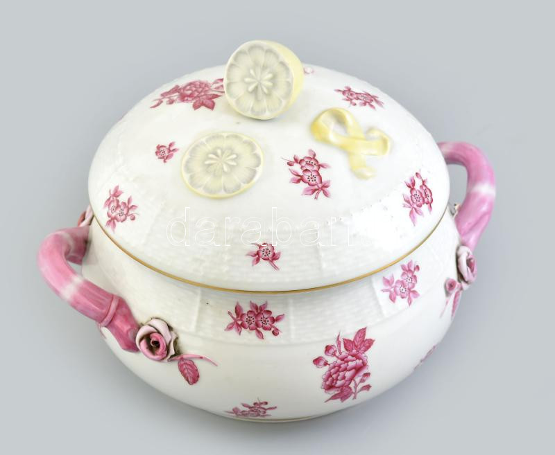 Herendi virágmintás leveses tál, sérült, jelzett, d: 28 cm