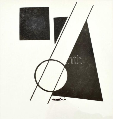 Kassák Lajos (1887-1967): Képarchitektúra. Ofszet, papír, jelzett a nyomaton. Üvegezett fakeretben. 18×14 cm