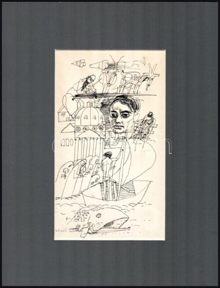 Würtz Ádám (1927-1994): Illusztráció Györe Imre 'A Szabadság szép szó c. könyvéhez (79. o.). Tus, papír, jelzés nélkül, paszpartuban, 24×14 cm. A tételhez tartozik a könyv egy példánya is.