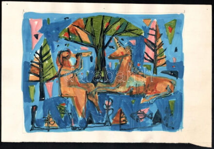 Rác András (1926-2013): Jelenet (Mozaik- vagy falképterv). Tempera, ceruza, papír. Jelzés nélkül. Proveniencia: A művész hagyatéka. 18x24 cm