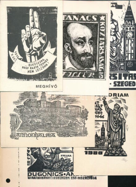 10 db vegyes grafika (linómetszet, ex libris, meghívó, stb.), 16x11 cm körül