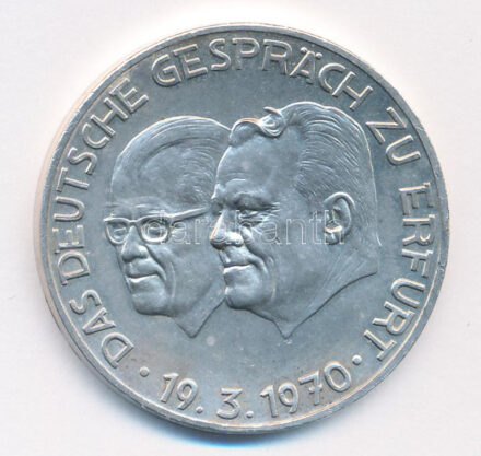 NDK 1970. 'Erfurti találkozó' kétoldalas jelzett Ag emlékérem (25,10g/0.999/40mm) T:1- patina GDR 1970. 'Das Deutsche gesprach zu Erfurt' two-sided hallmarked Ag commemorative medallion (25,10g/0.999/40mm) C:AU patina