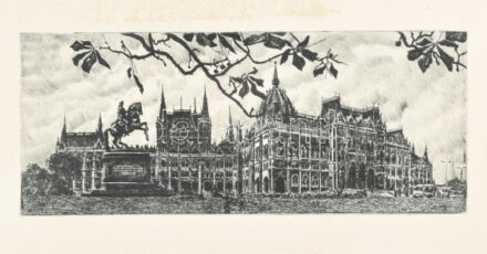 Imre István (1918-1983): Parlament. Rézkarc, papír, kartonra kasírozva, jelzett, lap széle foltos, 19×49 cm