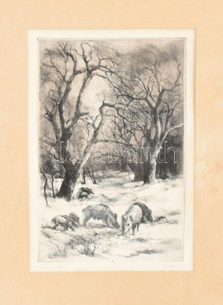 Gy. Molnár István (1933-2010): Téli erdő (vaddisznók). Rézkarc, papír, jelzett, kissé foltos, hullámos, paszpartuban, 29×19 cm