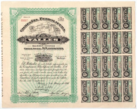 Mexikó / Mexikóváros 1916. 'Valles Olajtársaság' részvénye 100$-ról szelvényekkel, vízjeles papíron, szárazpecséttel T:1- Mexico / Mexico City 1916. 'Compana Petrolifera de Valles' share about 100 Dollars with coupons and relief stamp