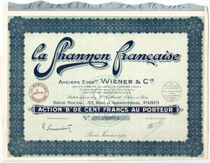 Franciaország / Párizs 1929. 'La Shannon Francaise' 'B' részvénye 100Fr-ról szelvényekkel T:II France / Paris 1929. 'La Shannon Francaise' 'B' share about 100 Francs with coupons C:XF
