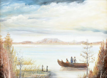 Tóth jelzéssel: Vitorlások és halászok a Balatonon. Olaj, falemez. Dekoratív fakeretben, 30×40 cm