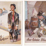 4 db régi német humoros képeslap részeg férfiakkal / 4 pre-1945 German humorous postcards with drunk men (Münchener Bildkunstverlag August Lengauer)