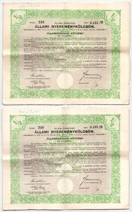 Budapest 1942. 'A Magyar Királyság 3%-kal kamatozó törlesztéses államadóssága' államadóssági kötvény 25P-ről vízjeles papíron, szelvényekkel és szárazpecséttel + 'A Magyar Királyság 3%-kal kamatozó törlesztéses