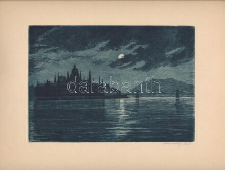 Conrád Gyula (1877-1959): Holdfényes Budapest. Rézkarc, papír, jelzett. 15x21 cm