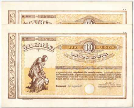 Budapest 1940. 'Hangya Termelő-Értékesítő és Fogyasztási Szövetkezet' üzletrésze 10P-ről, szelvényekkel, szárazpecséttel (2x)'16307,16308' sorszámkövetők T:I-