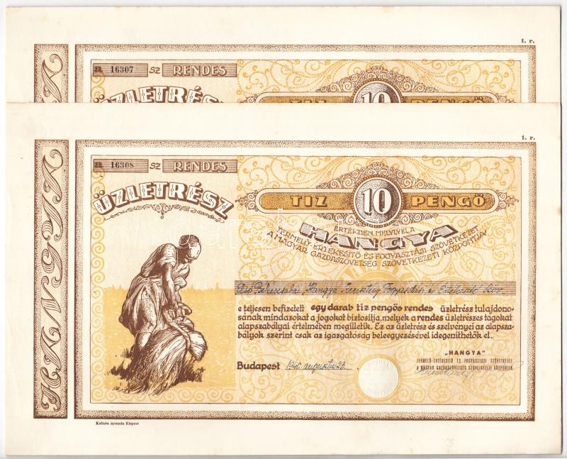 Budapest 1940. 'Hangya Termelő-Értékesítő és Fogyasztási Szövetkezet' üzletrésze 10P-ről, szelvényekkel, szárazpecséttel (2x)'16307,16308' sorszámkövetők T:I-