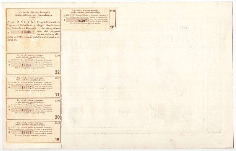 Budapest 1940. 'Hangya Termelő-Értékesítő és Fogyasztási Szövetkezet' üzletrésze 10P-ről, szelvényekkel, szárazpecséttel (2x)'16307,16308' sorszámkövetők T:I- - Image 3