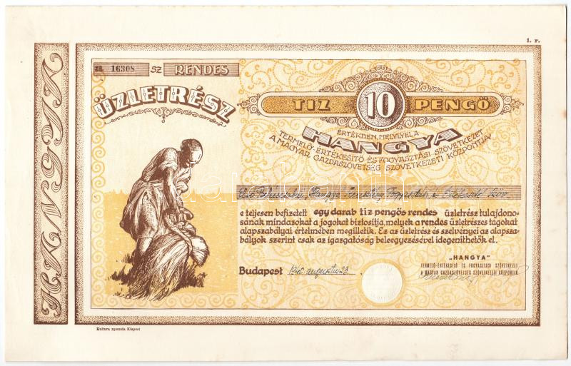 Budapest 1940. 'Hangya Termelő-Értékesítő és Fogyasztási Szövetkezet' üzletrésze 10P-ről, szelvényekkel, szárazpecséttel (2x)'16307,16308' sorszámkövetők T:I- - Image 4