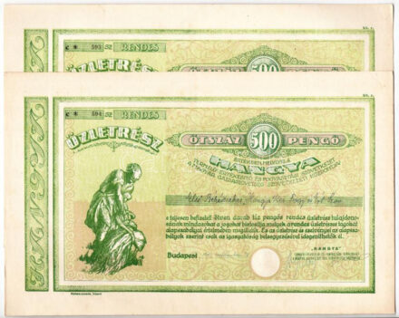 Budapest 1940. 'Hangya Termelő-Értékesítő és Fogyasztási Szövetkezet' üzletrésze 500P-ről, vízjeles papíron szelvényekkel, szárazpecséttel (2x)'e*593,e*594' sorszámkövetők T:I-