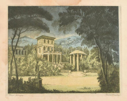 Conrád Gyula (1877-1959): Róma környéke. Színezett rézkarc, papír, jelzett. Foltos. 23,5x30 cm