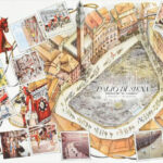 cca 1960 Palio di Siena, kihajtható, illusztrált idegenforgalmi ismertető, német nyelvű, 69x36 cm