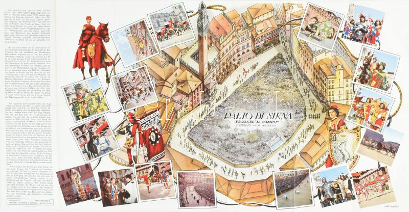cca 1960 Palio di Siena, kihajtható, illusztrált idegenforgalmi ismertető, német nyelvű, 69x36 cm