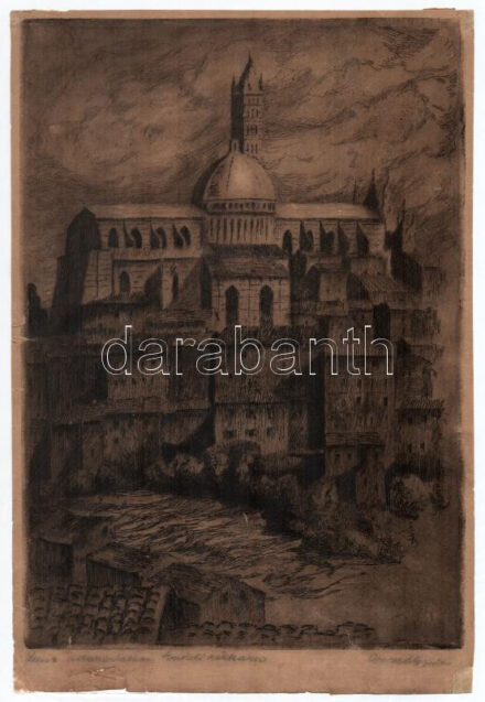 Conrád Gyula (1877-1959): Siena esthangulatban. Rézkarc, papír, jelzett. Sérült, részben javított. Foltos. 31x21,5 cm
