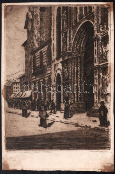 Conrád Gyula (1877-1959): A comoi dóm előtt. Rézkarc, papír, jelzett. Foltos. 29,5x21,5 cm