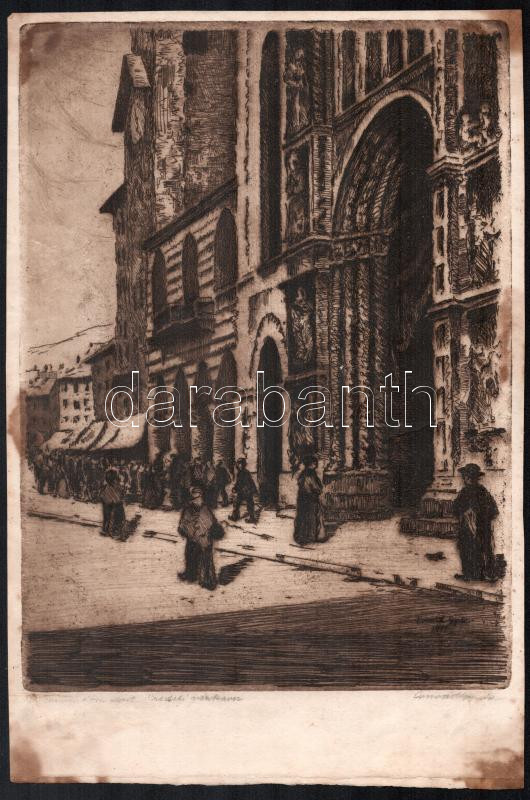 Conrád Gyula (1877-1959): A comoi dóm előtt. Rézkarc, papír, jelzett. Foltos. 29,5x21,5 cm