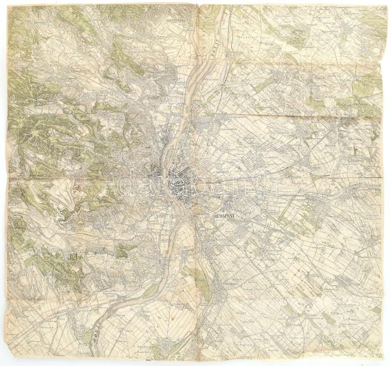 cca 1900-1910 Budapest és környékének katonai térképe, körbevágva, kisebb szakadással, 51x51 cm