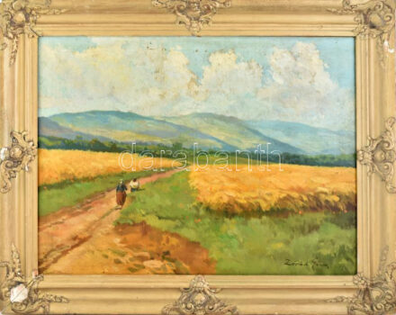 Zórád Géza (1896-1959): Hazafelé. Olaj, vászon, jelzett. Apró felületi sérülésekkel. Dekoratív, sérült fakeretben. 60x80 cm