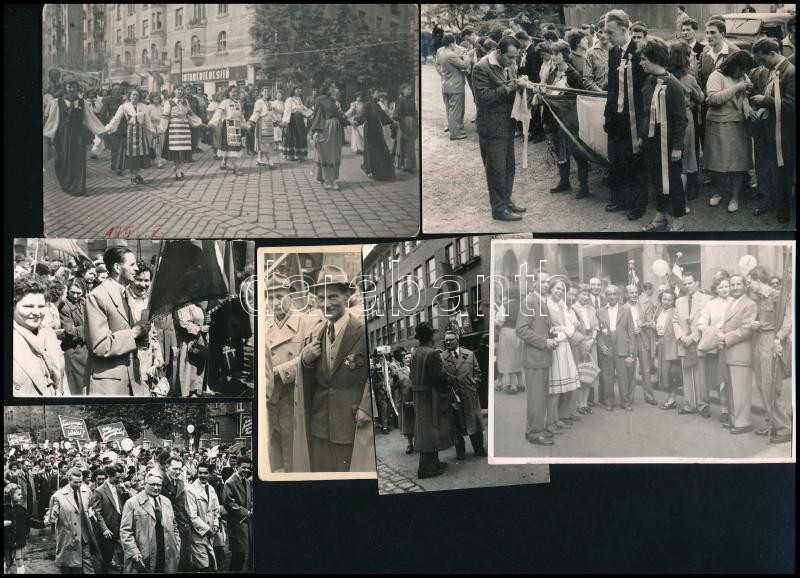cca 1950-1960 7 db fotó május elsejei felvonulásokról, 9×6 és 9×14 cm közötti méretekben