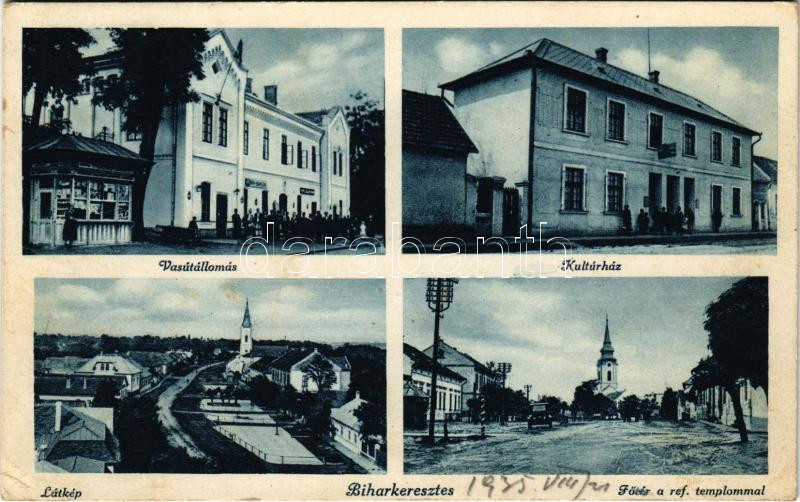 1935 Biharkeresztes, vasútállomás, kultúrház, Fő tér, református templom (EK)