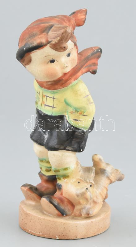 Fiú kutyával, festett kerámia, mázhibákkal, jelzés nélkül, m: 13 cm