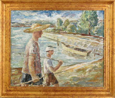 Hakulinen, Aino (Szabó Aladárné) (1906-1995): 'Balatonmária' (Horgászok), 1958. Olaj, vászon, jelezve jobbra lent. Hátoldalán autográf felirattal. Dekoratív fakeretben, 50×60 cm.