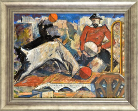 Kastaly István (1892-1991): Cirkuszi mutatvány. Olaj, karton, jelzés nélkül, hátoldalán Miskolci Galéria raglapján feliratozott, dekoratív fakeretben, 38,5x50,5 cm