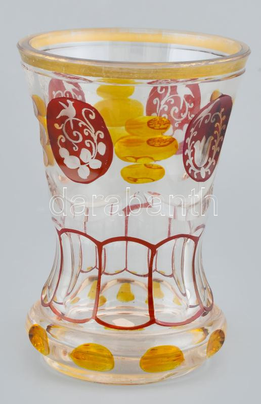 Bidermeier pohár, pácolt, metszett, kopott, m: 12 cm