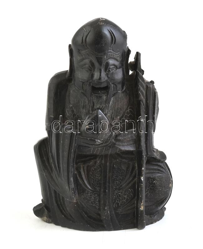 Távol-keleti bölcs figura, faragott kő, jelzés nélkül, kisebb sérülésekkel, m: 13,5 cm