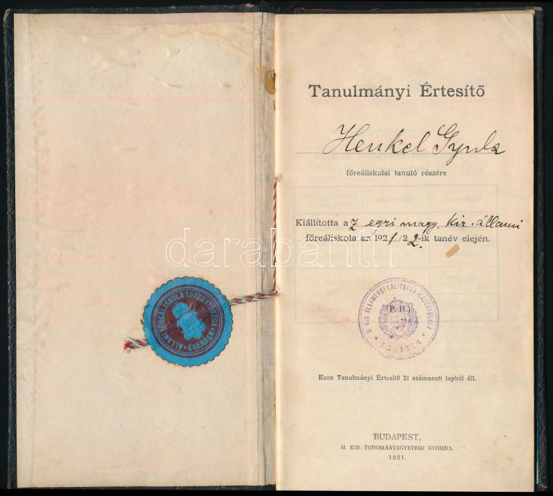 1921 Az Egri m. kir. állami főreáliskola tanulmányi értesítője, belső oldalán címeres levélzáróval - Image 2