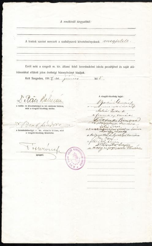 1917 Szeged, felsőkereskedelmi iskola érettségi bizonyítvány, pecséttel, aláírásokkal - Image 2