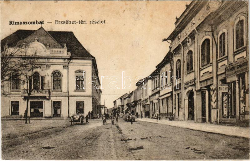 1916 Rimaszombat, Rimavská Sobota; Erzsébet tér, Altmann Sámuel üzlete, bazár / square, shops (EK)