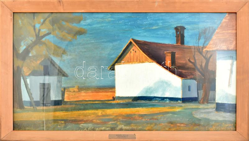 Erdős Péter (1938-): Tanya vége, Hódmezővásárhely. Olajtempera, farost, jelzett, hátoldalán autográf felirattal, üvegezett fakeretben, 55x100 cm. KIZÁRÓLAG SZEMÉLYES ÁTVÉTEL, NEM POSTÁZZUK! / ONLY PERSONAL COLLECTION AT OUR OFFICE!