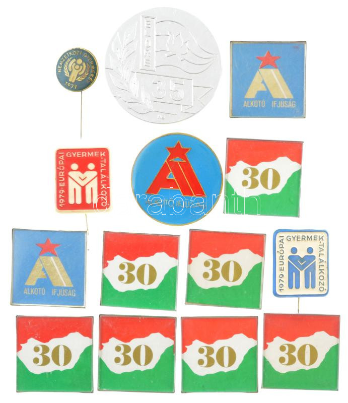 1975. 'A felszabadulás 30. évfordulója' műanyag jelvény (7x) (41x41mm) + 1979. 'Európai Gyermek Találkozó' (2xklf) (37x32mm) + 1979. 'Nemzetközi Gyermekév' műgyantás fém jelvény (25mm) + DN 'Alkotó Ifjúság jelvény 3x (2xklf)