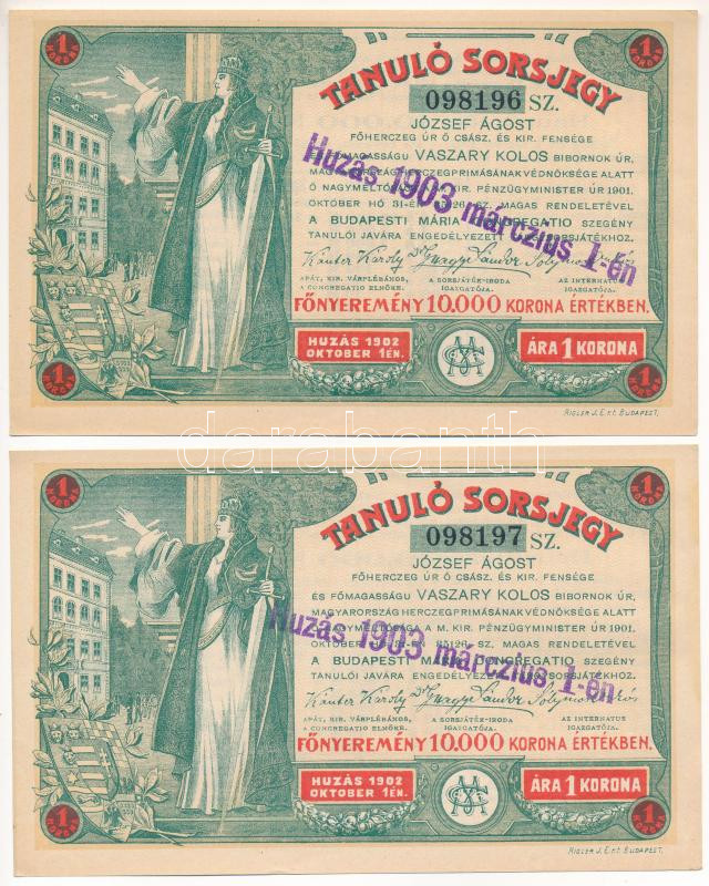 Budapest 1903. 'Tanuló Sorsjegy' 1K értékben (2x) sorszámkövetők '098196-098197', felülbélyegzéssel T:I- kis folt