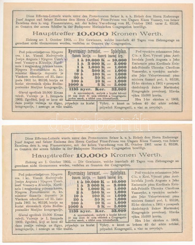 Budapest 1903. 'Tanuló Sorsjegy' 1K értékben (2x) sorszámkövetők '098196-098197', felülbélyegzéssel T:I- kis folt - Image 2