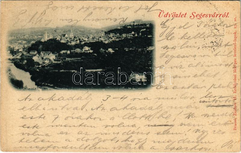 1903 Segesvár, Schässburg, Sighisoara; látkép. Zeidner H. kiadása / general view + 'BRASSÓ - BUDAPEST 15. SZ.' vasúti mozgóposta bélyegző (EK)