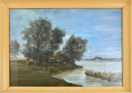 Olvashatatlan jelzéssel: Balatoni tanya. Olaj, vászon. Üvegezett fakeretben, 50x70 cm.