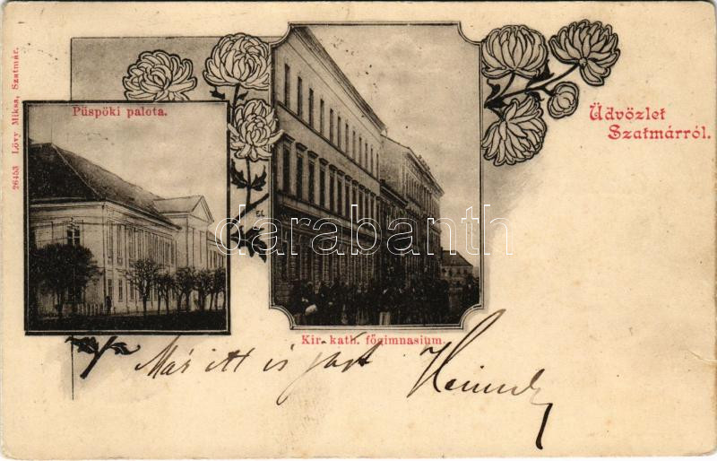 1903 Szatmárnémeti, Szatmár, Satu Mare; Püspöki palota, Kir. katolikus főgimnázium. Lövy Miksa kiadása / bishop's palace, Catholic grammar school. Art Nouveau, floral (r)